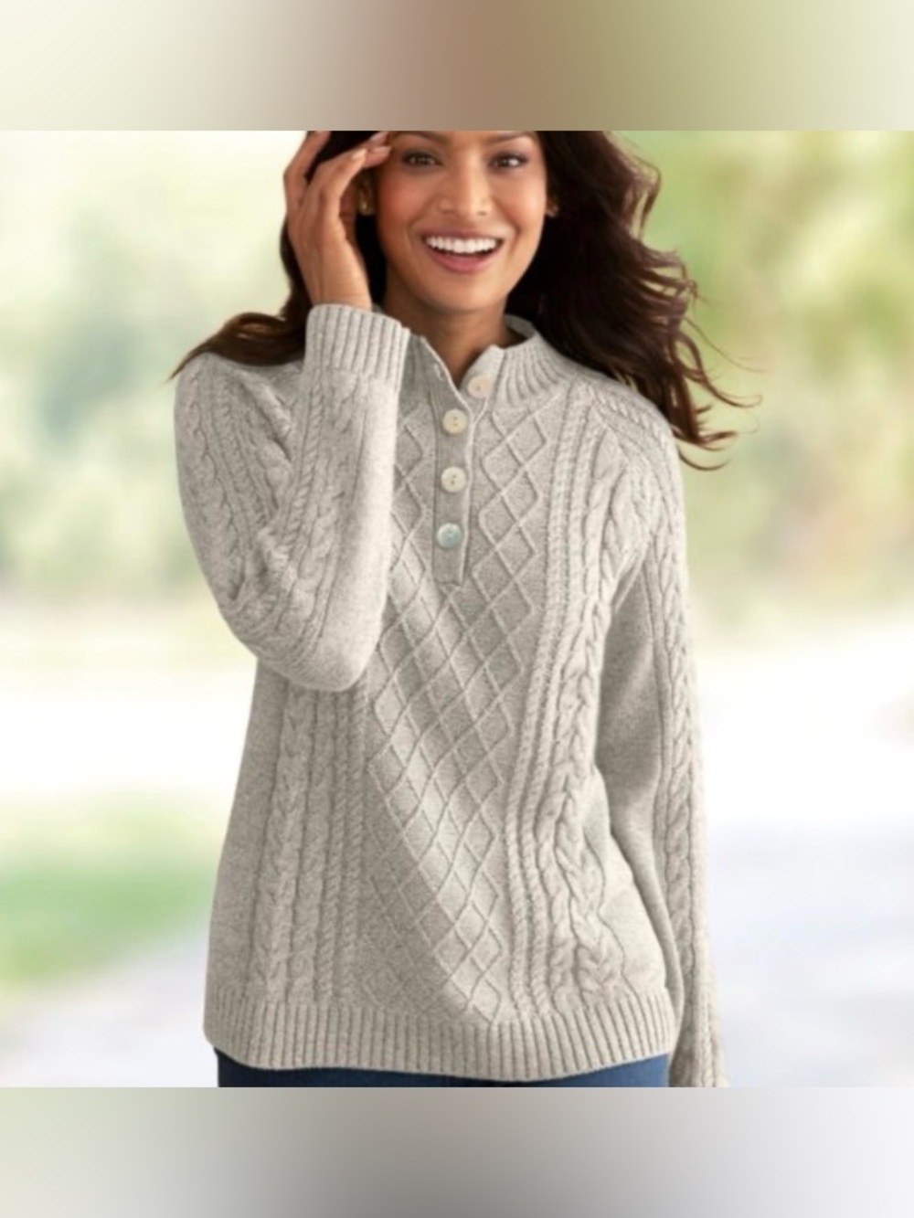 Appleseed's Light Gray Cable Knit Henley Turtleneck Sweater